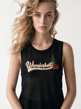 DAYDREAMER | Wanderlust Black Sleeveless Graphic Tank Top Women’s Size Small